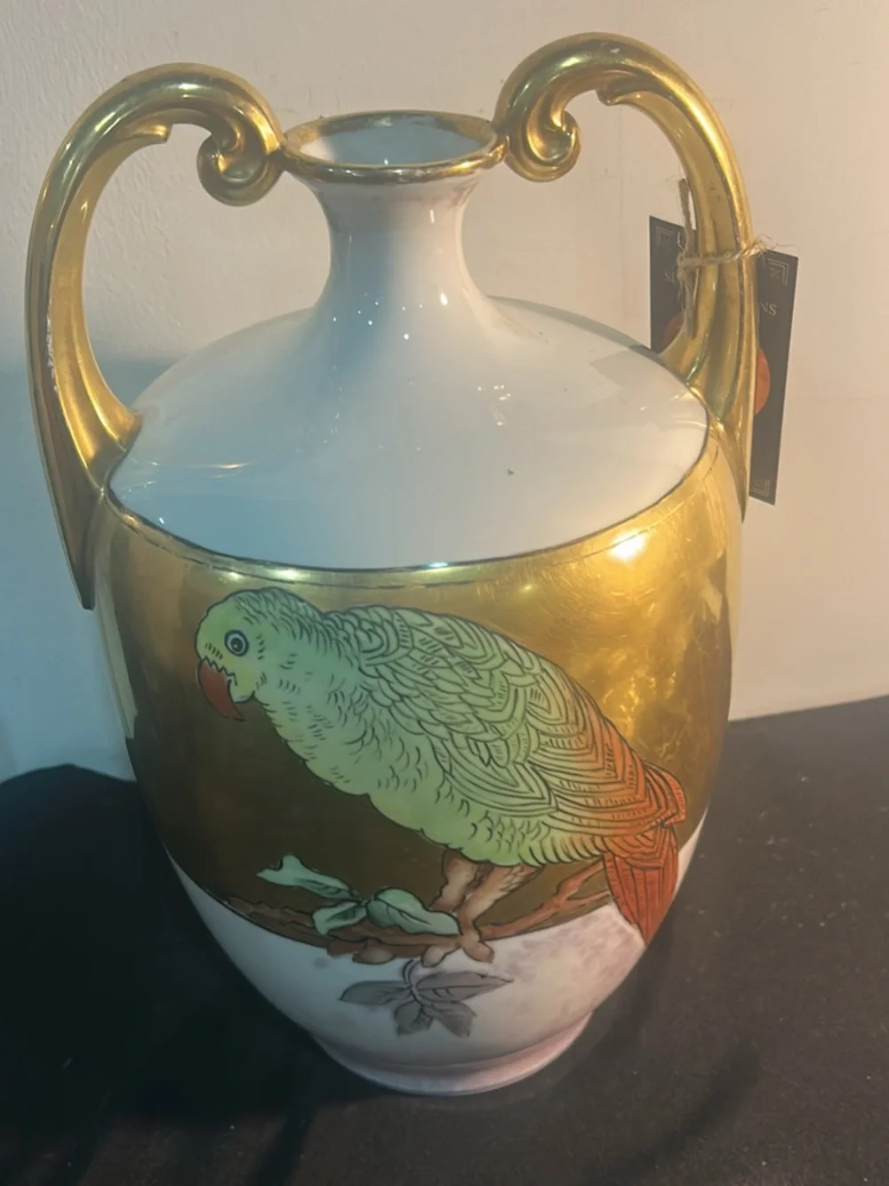 Antique French Gold and White Parrot Accent Vase - Decorative Home Accent